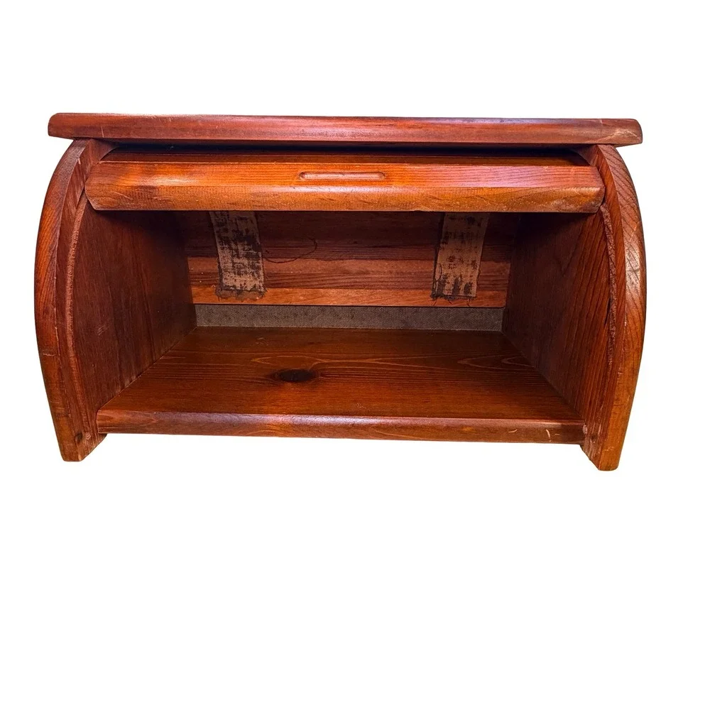 Vintage Wooden Roll Top Bread Box Kitchen Counter Storage Farmhouse Brown MCM